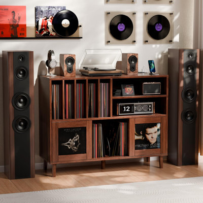 Meuble pour platine vinyle avec rangement et station de charge, meuble vintage en noyer de 120 cm avec portes coulissantes