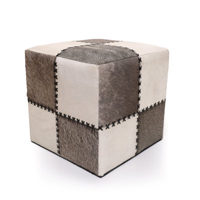 Handmade Cowhide Leather Patchwork Ottoman Pouf With Cross Stitch Detail 18X18