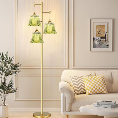 Mid Century Modern Floor Lamp With Green Glass Shade - 3 Adjustable Light Heads Vintage Tree Design Standing Lamp For Living Room Bedroom Farmhouse Boho Decor