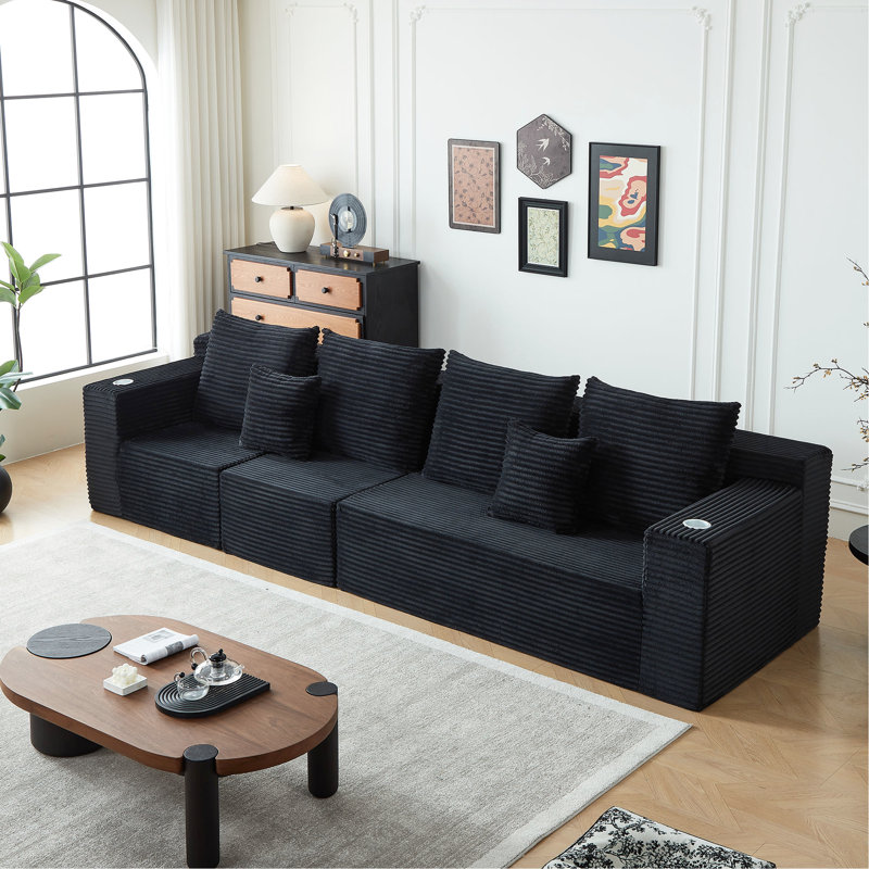 Siège profond en velours côtelé modulaire 4, porte-gobelets, sans assemblage, style moderne pour les réunions de famille, revêtement noir et salons de conception intégrée, couleur