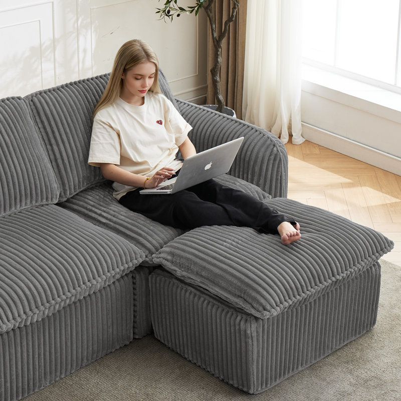 Canapé Cozzo sans assemblage requis avec canapé-lit modulaire à assise profonde avec méridienne en L, Velours côtelé gris