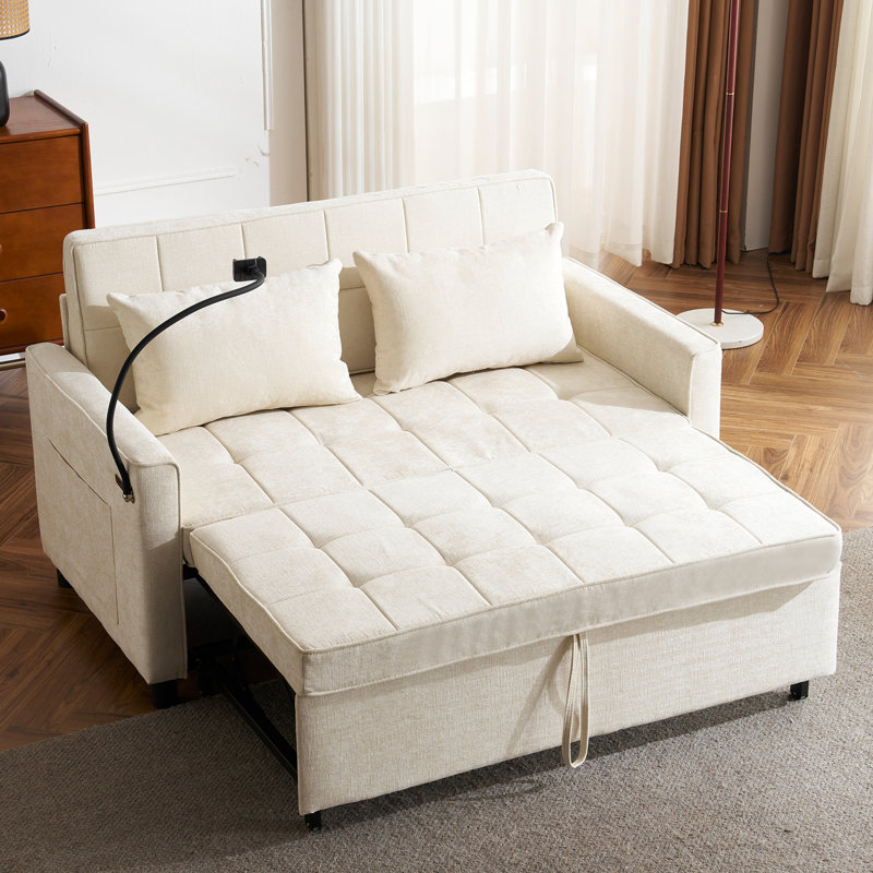 Canapé-lit 56,9 po avec canapé-lit escamotable avec dossier réversible, poches latérales, 2 ports USB et support pour téléphone dans le salon