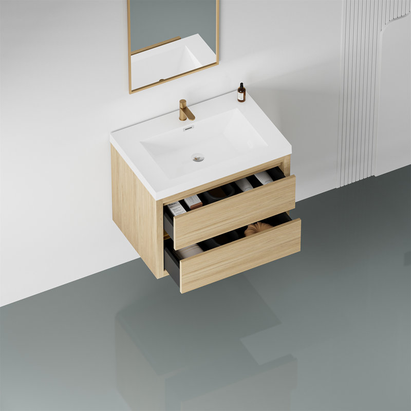 Meuble-lavabo mural 30 po avec lavabo, Bois de chêne naturel
