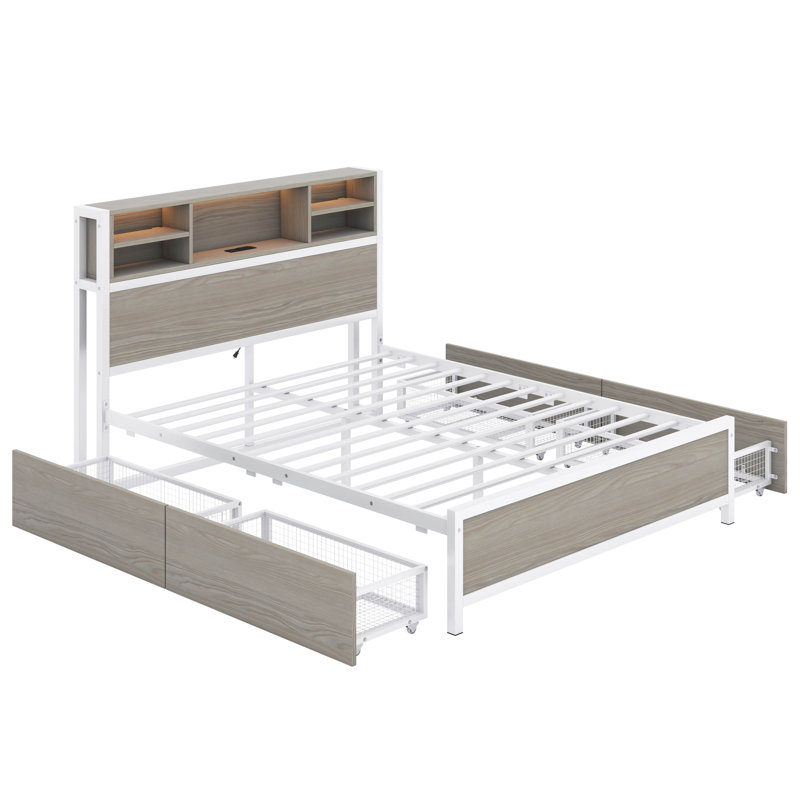 Lit plateforme avec 4 tiroirs, prises et ports USB Wido, Grand, Blanc