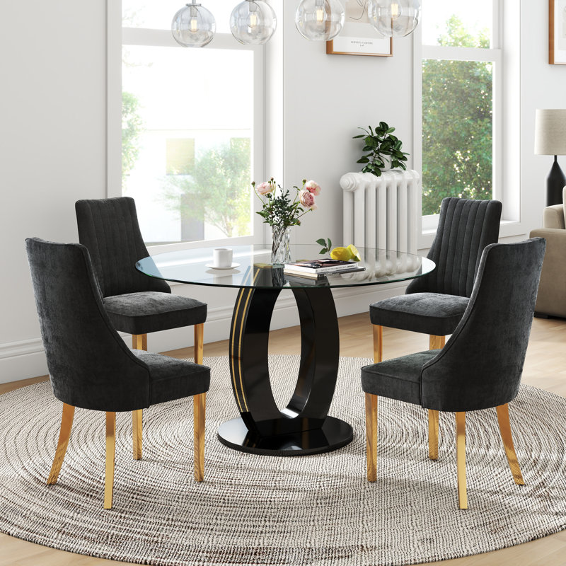 Modern Round Tempered Glass Pedestal Dining Set with Chenille Upholstery Dininig Chair, Black, Black, Black/Gold