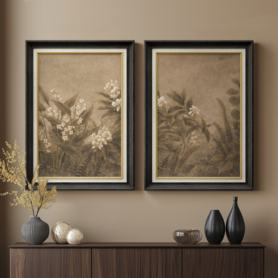 Art mural rétro avec sépia botanique et fougère rétro - ensemble de 2 reproductions d'art encadrées de qualité supérieure sur papier 26 po x 36 po