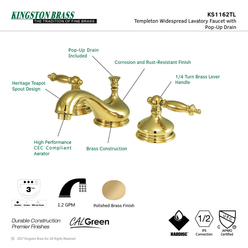 Kingston Brass Heritage Two-Handle 3-Hole Deck Mount Widespread Bathroom Faucet with Brass Pop-Up Drain, Polished Brass