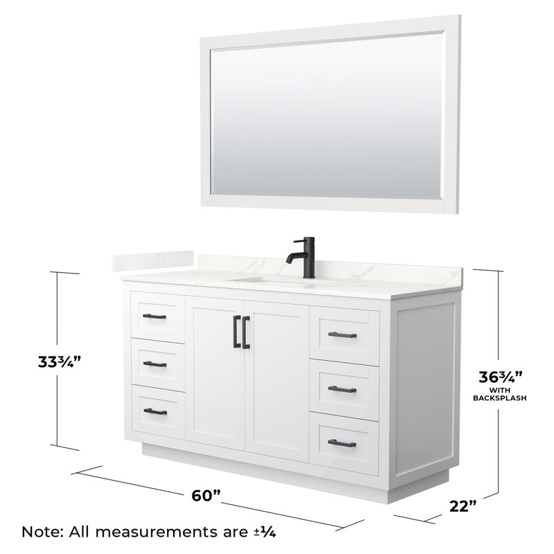 Ensemble de meuble-lavabo simple autoportant 60 po avec plateau en quartz Miranda, Giotto Quartz, Blanc, Noir mat