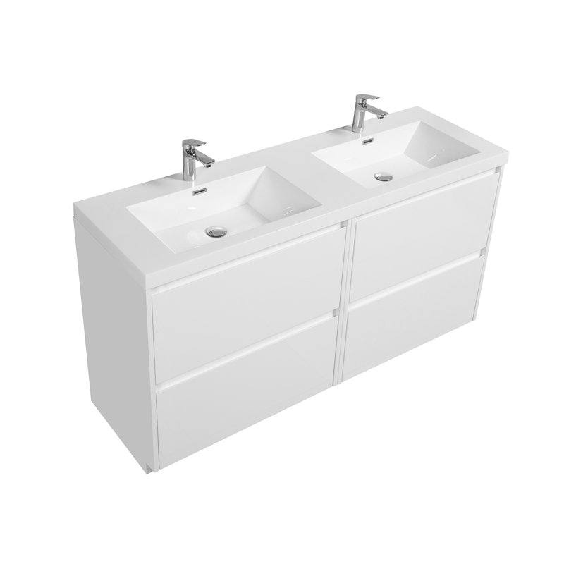 72'' Double Freestanding Floor Mounted Bathroom Vanity with Resin Top, White