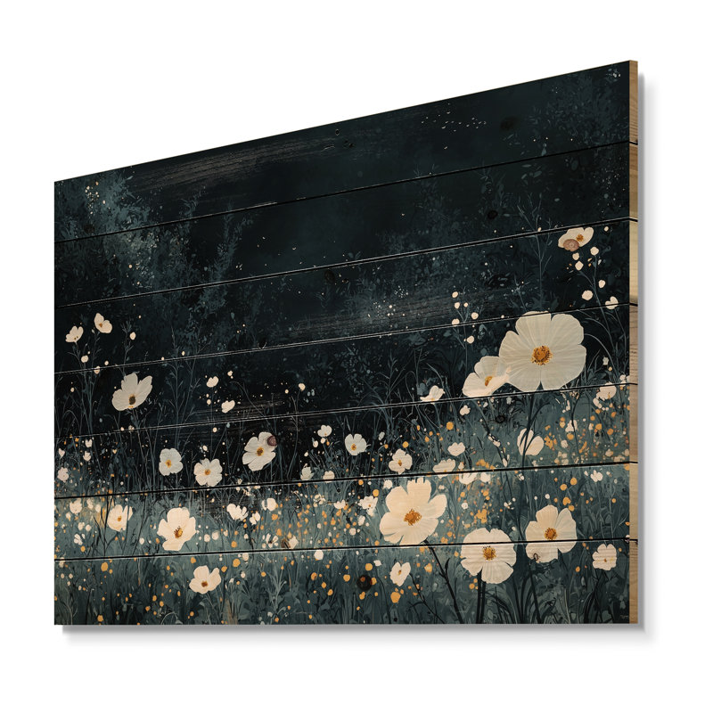 Motif de fleurs blanches blanches Mid Night Meadow - fleurs sauvages en bois sur bois de pin naturel