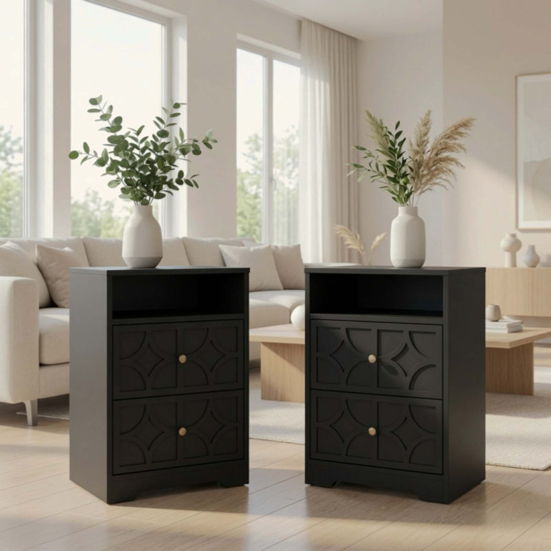 Ensemble de 2, table de chevet en bois avec 2 tiroirs et station de charge, table d'appoint sculptée en diamant