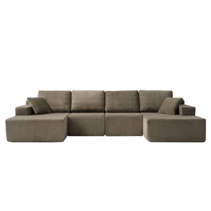 Canapé modulaire en forme de U 130 po en velours côtelé avec support à ressorts pour matelas, taupe Corduroy, taupe
