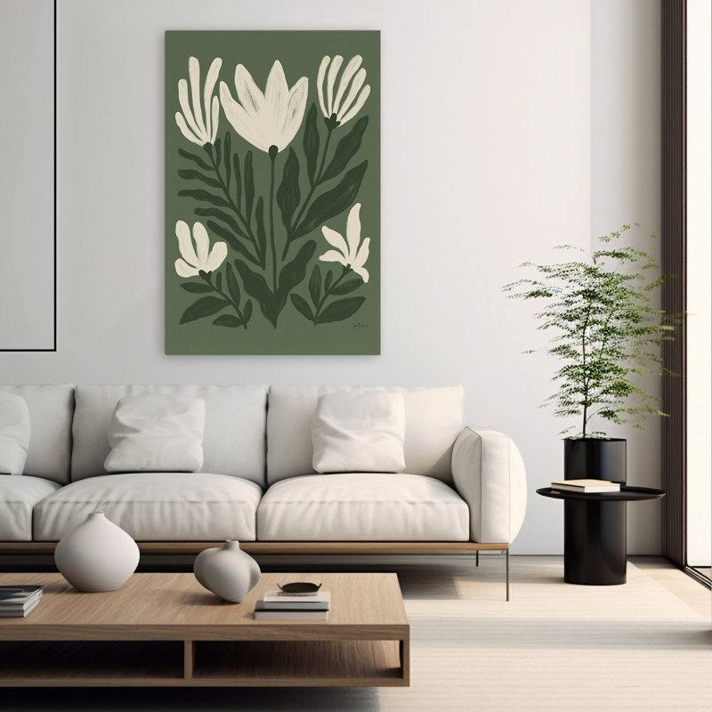 Simple pétales II - fleur floral crème, art vert, H 60 po x l 40 po