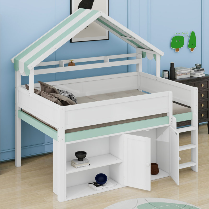 Lit mezzanine avec toit à baldaquin et armoire de rangement intégrée, Blanc et vert