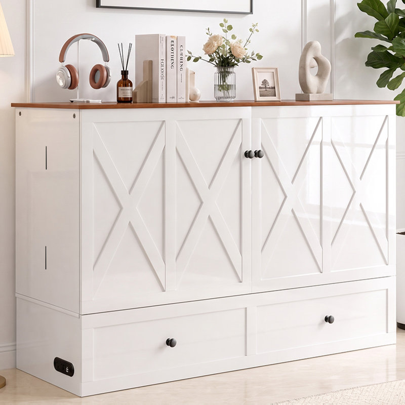 Armoire pour lit double pleine grandeur avec matelas pliable et station de charge, blanc, Lit double