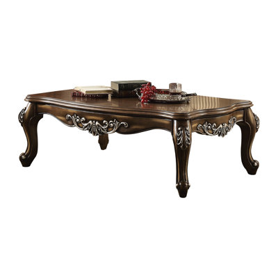 Rectangular Coffee Table In Antique Oak, Queen Legs, Minimalist For Beverage Placement Area, Intricately Scalloped Wood Top, Finish, 20 Inches High, 57 Wide, 35 Deep Oak With Structure, Decor