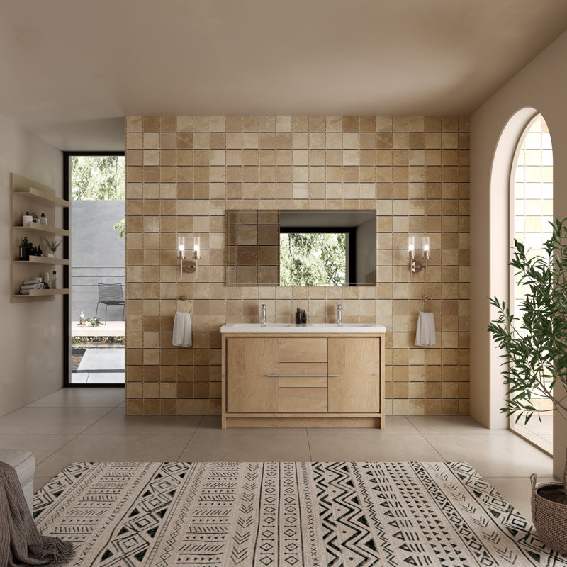 Meuble-lavabo double 60 po avec comptoir en pierre blanc brillant, 3 tiroirs, 2 portes, moderne, 60"