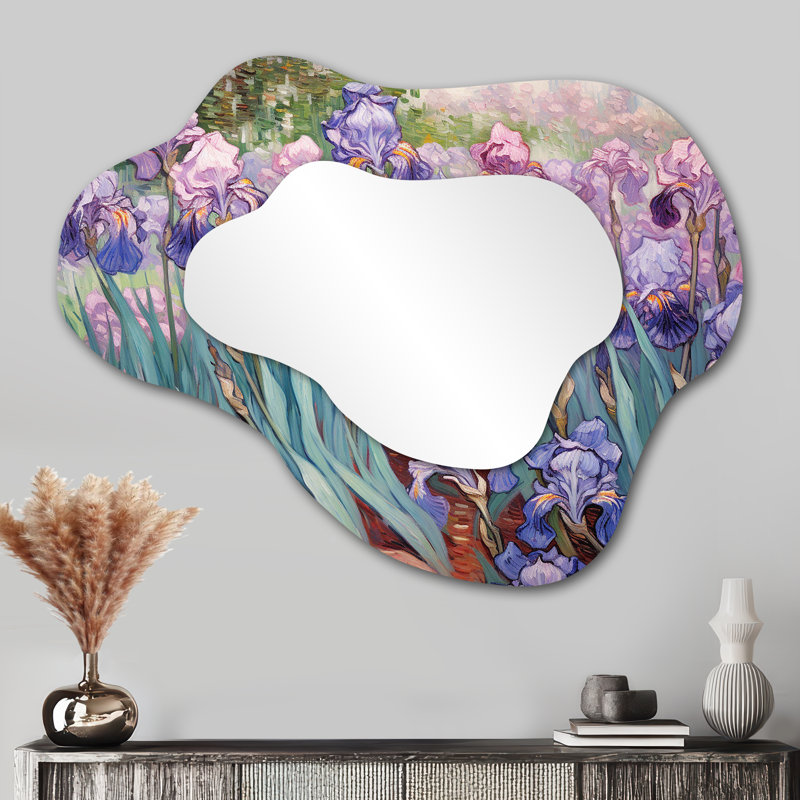 Emrik Garden Of Blossoming Purple Iris - Irises Asymmetrical Decorative Wall Mirror, Traditional Cloud Mirror, Printed Metal Art