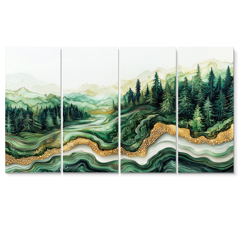 Paysage de forêt d'hiver avec rivière Emerald I - Art mural forêt - décoration murale traditionnelle, H 32 po x l 64 po, 4