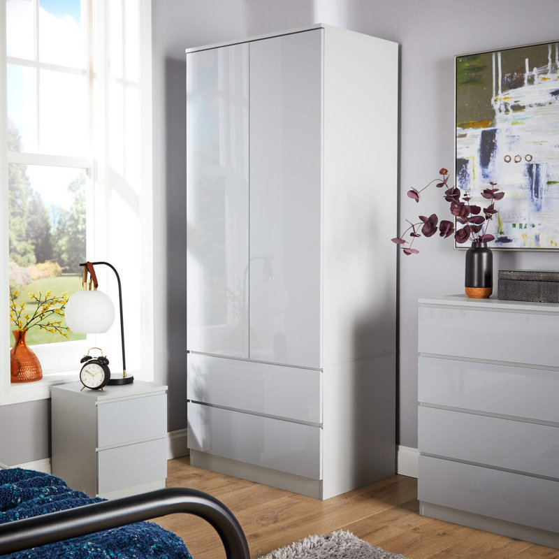 Rishin 2 Door 2 Drawer High Gloss Wardrobe Storage Unit, Grey