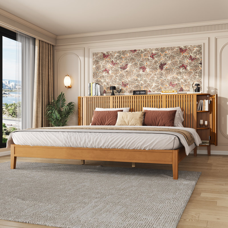 Josue Wooden Bed With Slat Headboard & 3-Tier Side Storage, King