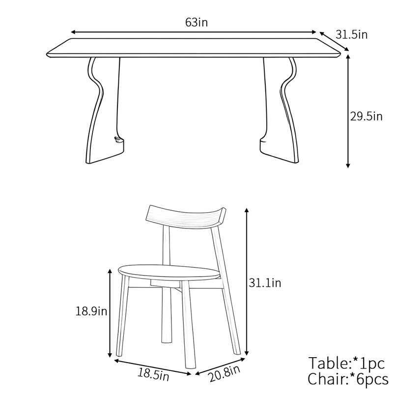 Ensemble de table de salle à manger minimaliste de luxe French Light, H 29,5 po x L 63 po x l 31,5 po