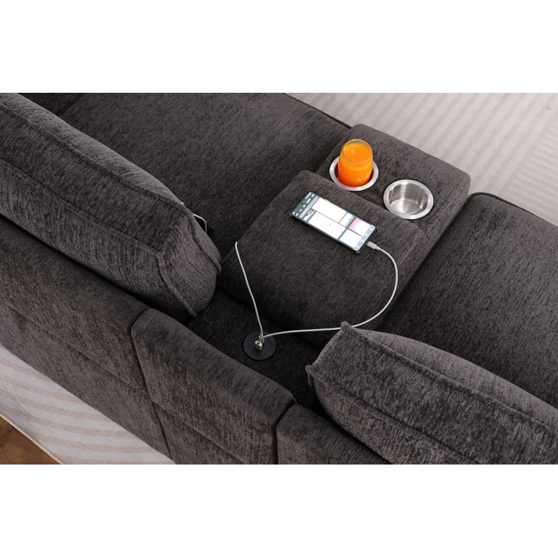 Canapé modulaire en U avec canapé-lit, console avec port USB et méridienne, Chenille brun