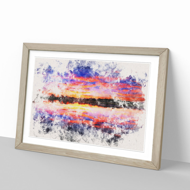 Evening Sunset Watercolour - Picture Frame Graphic Art, 36cm H x 48cm W x 2cm D, Oak
