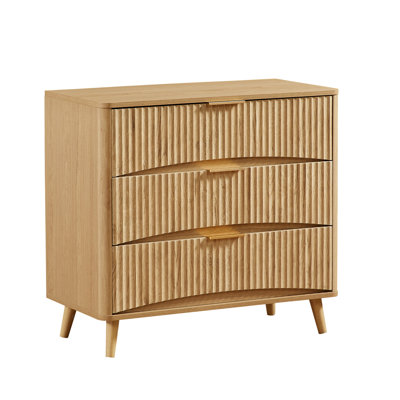 Fluted Wooden Storage Drawer with 3 Drawer Dresser, MDF Modern Bedside Table Rustic Nightstand with Metal Handles for Bedroom Living Room, 31.5"W x 15"D x 30"H, Oak Color