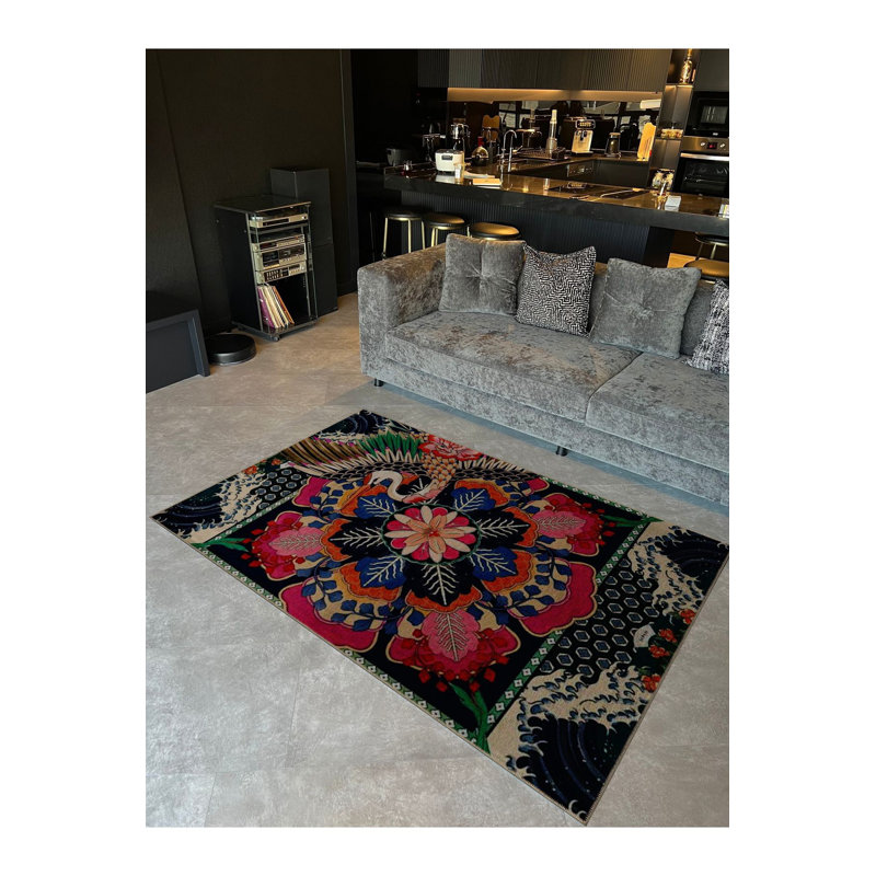 Tapis multicolore à motifs floraux mixtes et motif d'oie rétro lavable à la machine, Rectangle 4 pi 7 po x 6 pi 7 po