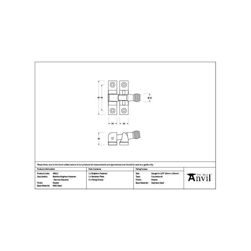 Beehive Brighton Fastener - Narrow (Square), Pewter Patina