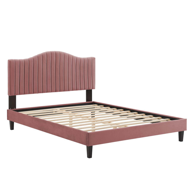 Dusty Rose Velvet Twin Platform Bed with Tufted Headboard