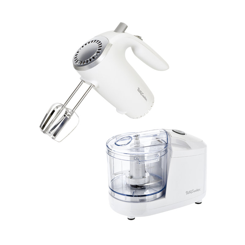 Betty Crocker 2-Piece Kitchen Appliances Combo: 5-Speed Hand Mixer with Food & Vegetable Chopper, 150W Mixer, Chrome Beater & Whisk Attachments
