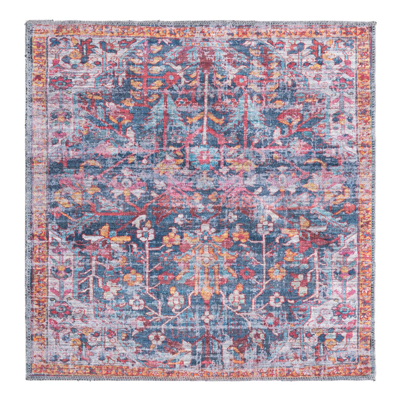 Tapis floral rouge / bleu Hafner, Carré 3 pi 3 po x 3 pi 3 po