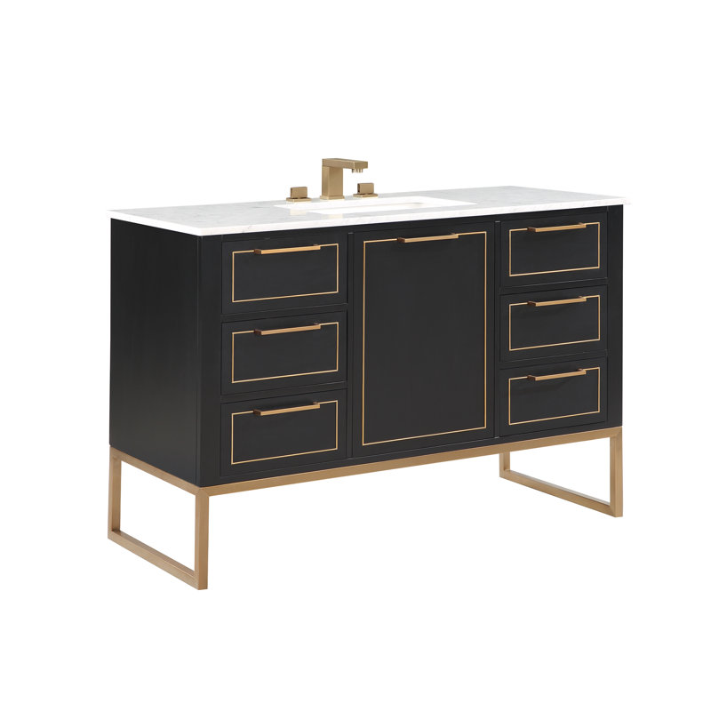 Markham 48'' W Single Vanity, Midnight Black, Satin Brass, Carara Marble