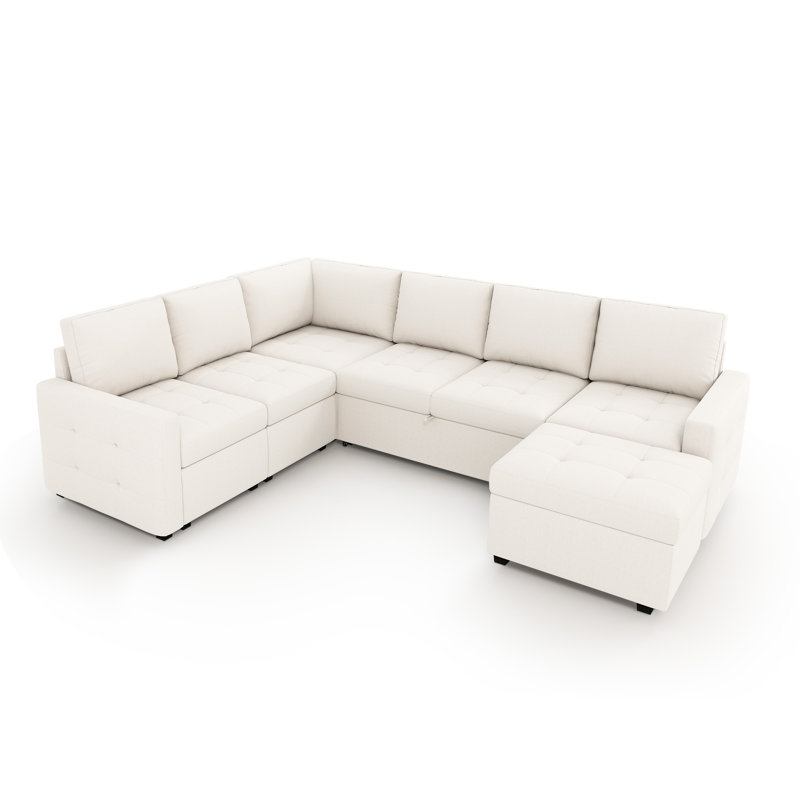 Canapé-lit modulaire en U 7 pièces avec canapé-lit escamotable et rangement, Beige
