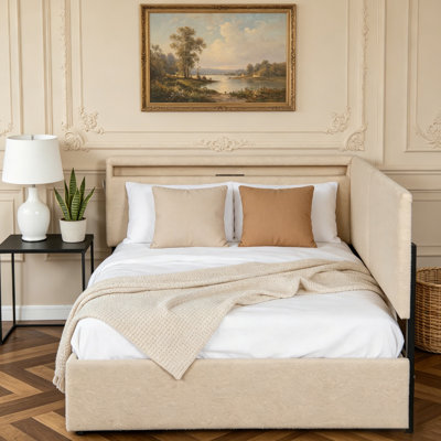 Modern Beige Fleece Boucle Upholstered Full Size Daybed with Storage Drawers, with LED Light and Charging Station