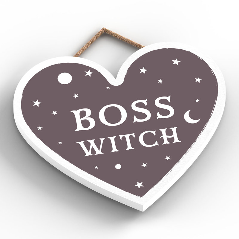 Boss Witch Wooden Heart Plaque, 16cm H x 17cm W x 0.9cm D