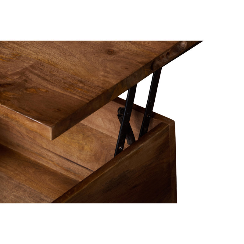 Table basse rectangulaire relevable, style américain traditionnel, bois de manguier massif, finition polie brune, piètement traîneau, grand espace de rangement, profondeur 109 cm, largeur 61 cm, hauteur 41 cm, poids 42,5 kg