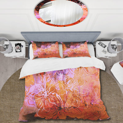 Orange And Purple Abstract Flowers - Modern Duvet Cover Set - Microfiber Polyester