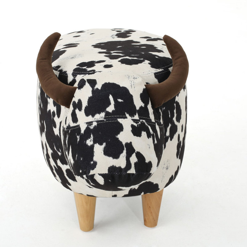 Velvet Cow Ottoman With Wooden Feet, White/Black