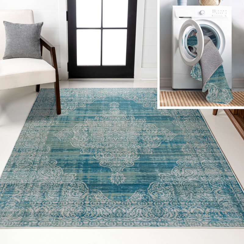 Tapis bleu sarcelle / crème Regis Bohemian Medallion, Rectangle 3 pi 11 po x 6 pi