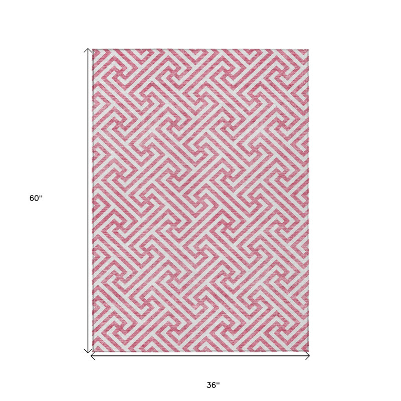 3' X 5' Pink And Ivory Geometric Washable Indoor Outdoor Area Rug