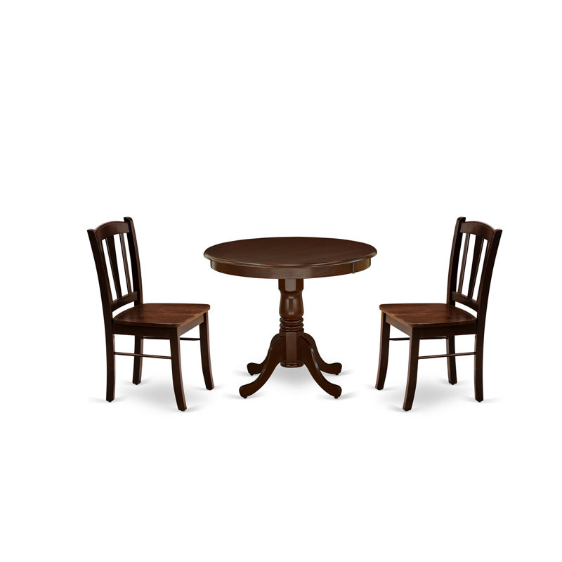 L'ensemble 3 pièces de table et chaises de cuisine comprend une table de salle à manger ronde avec piédestal et 2 chaises en bois massif, noir et cerisier