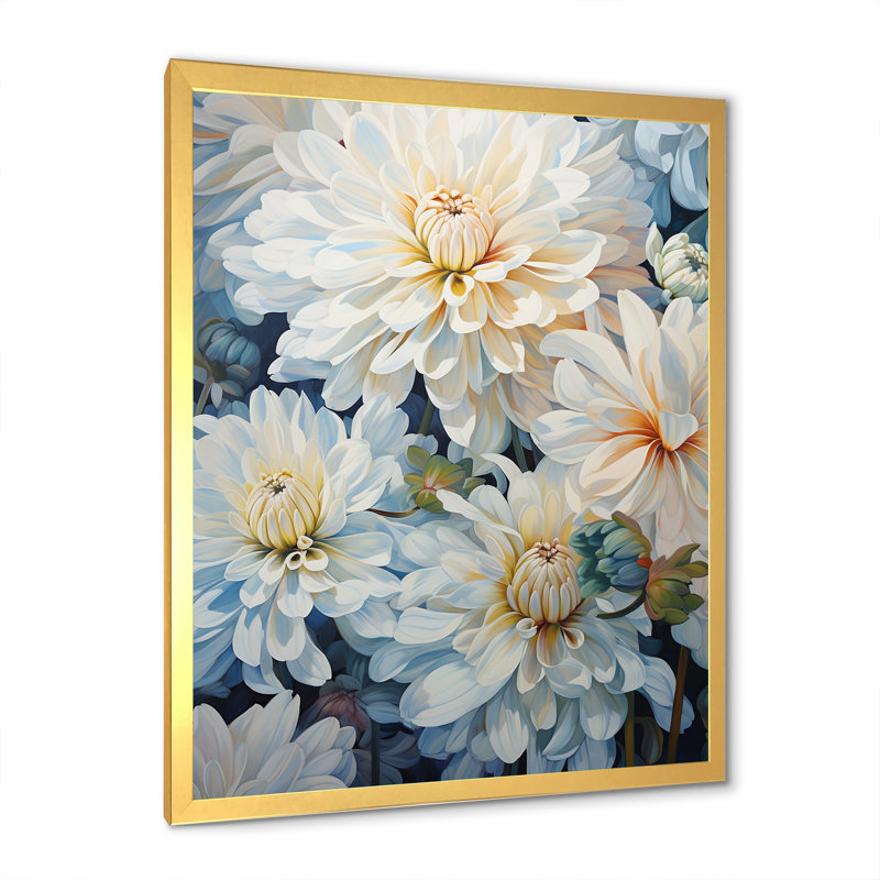 Minimalisme «Blooming Mums» en bleu et blanc V sur toile, Cadre doré simple, H 32 po x l 16 po x P 1 po