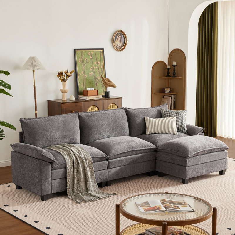 Canapé modulaire 110 po avec repose-pieds modulaire en L de 110 po avec repose-pieds et assise profonde, gris foncé, Gris, 4