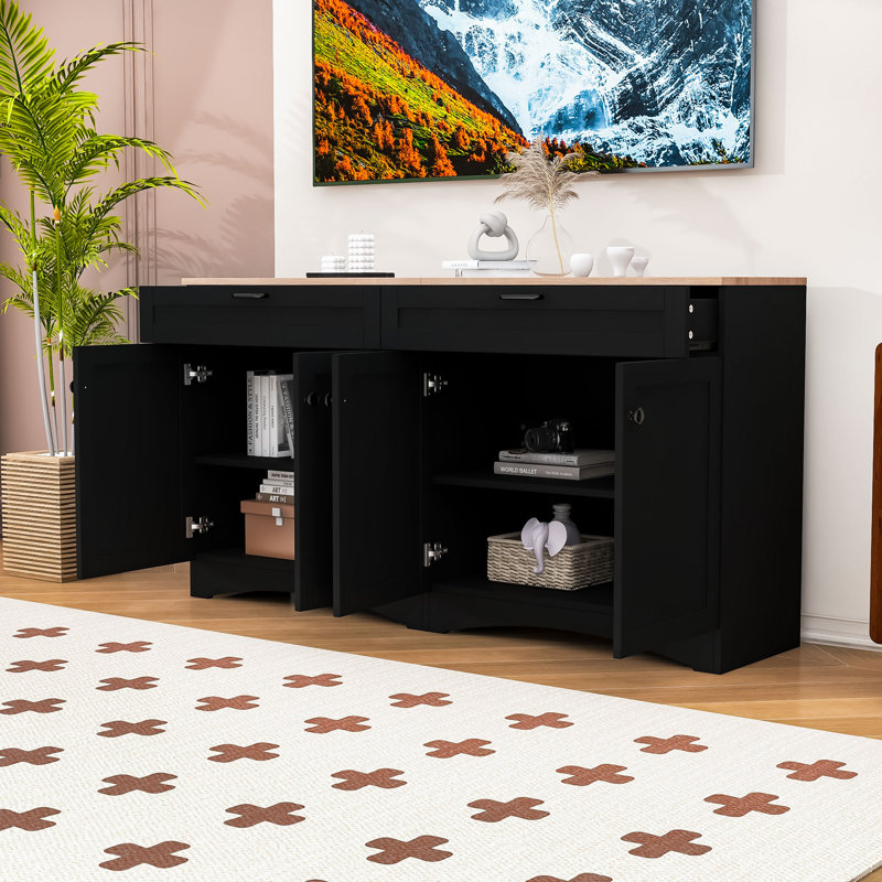 Farmhouse TV Stand for 70" TVs, Sideboard with Adjustable Shelves and 2 Drawers, Black