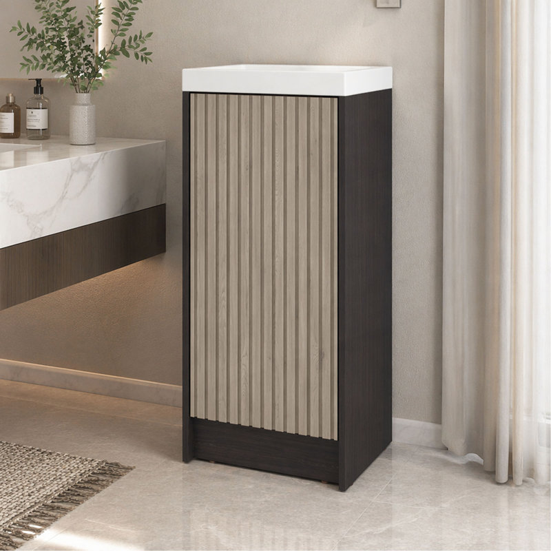 Meuble-lavabo sur pied et armoire avec lavabo en résine Syracuce, rangement compact pour salle de bain avec une porte et 2 tablettes intérieures