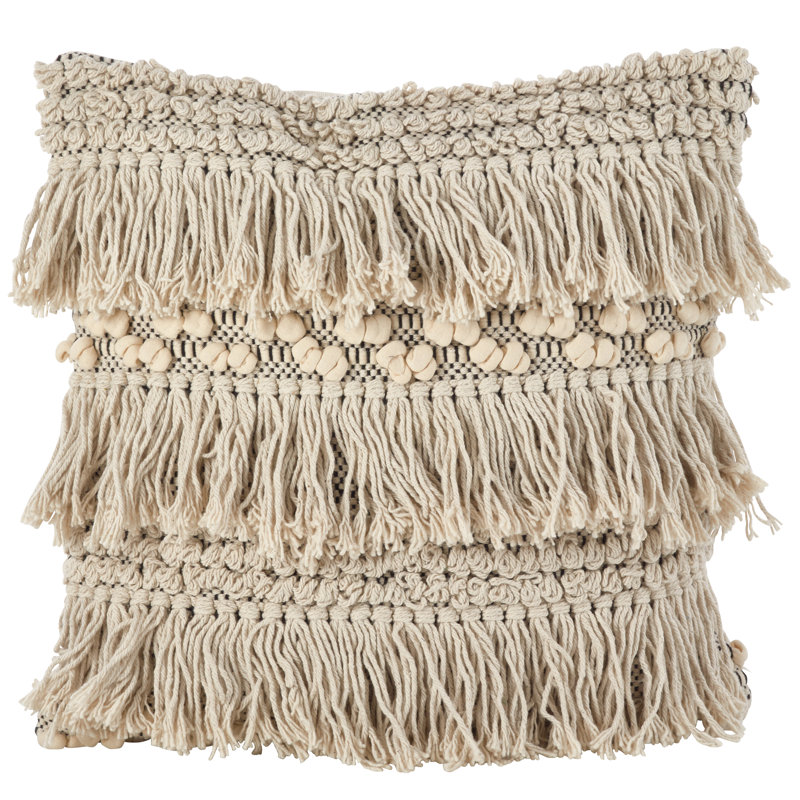 Ivory Cotton Fringe Moroccan Wedding Blanket Throw Pillow