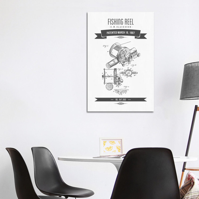 G.W. Blackburn Fishing Reel Patent Sketch Retro (Charcoal) by Aged Pixel - Wrapped Canvas Gallery-Wrapped Canvas Giclée